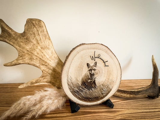 Wildholz - "Fuchs Waidmannsheil auf Baumstammscheibe"